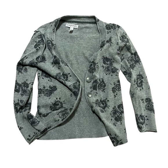 Aeropostale Sweaters - Aeropostale Gray Black Floral Cardigan Size Medium y2k demure feminine goth